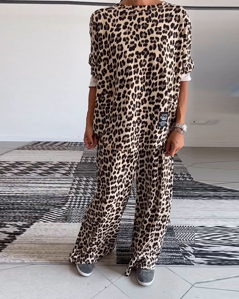 Casual leopard print crew neck pocket top wide leg pants set 2024 f/w two-piece sets