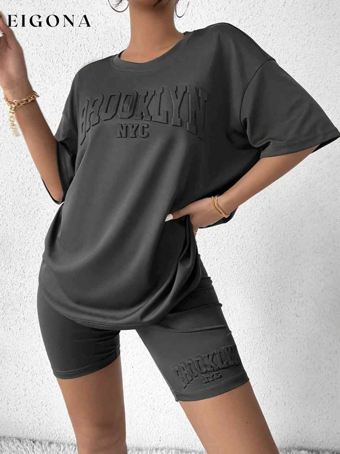 BROOKLYN NYC Graphic Top and Shorts Set Charcoal clothes lounge lounge wear lounge wear sets loungewear S&M&Y Ship From Overseas