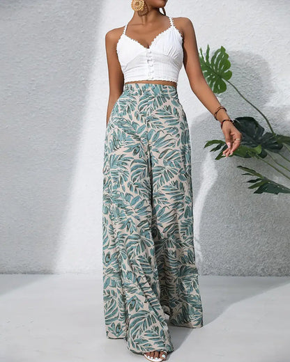 Elegant high-waist wide-leg pants with leaf print pants spring summer