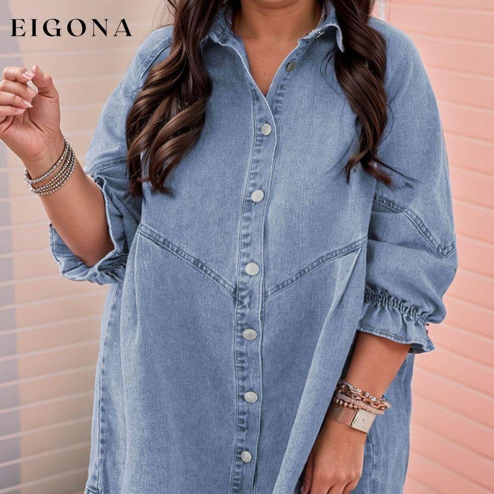 Light Blue Ruffled 3/4 Sleeve Buttoned Front Plus Size Denim Dress All In Stock casual dress casual dresses clothes Color Blue dress dresses EDM Monthly Recomend Fabric Denim long sleeve dress long sleeve dresses Print Solid Color Season Fall & Autumn short dresses Style Southern Belle