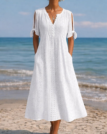 Hollow Out V Neck Tie Side Slit Cold Shoulder Dress