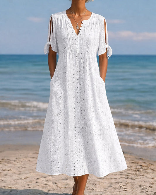 Hollow Out V Neck Tie Side Slit Cold Shoulder Dress