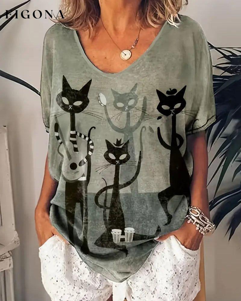 Cat print casual short sleeve top blouses & shirts summer