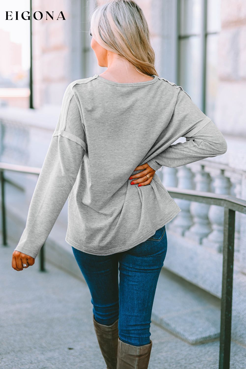 Gray Pocketed Oversized Drop Sleeve Top All In Stock clothes Craft Patchwork DL Exclusive Hot picks long sleeve shirts long sleeve top Occasion Daily Season Fall & Autumn Style Casual tops