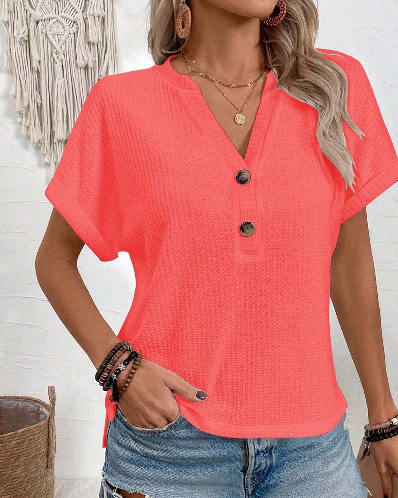 Waffle V-Neck Button T-Shirt