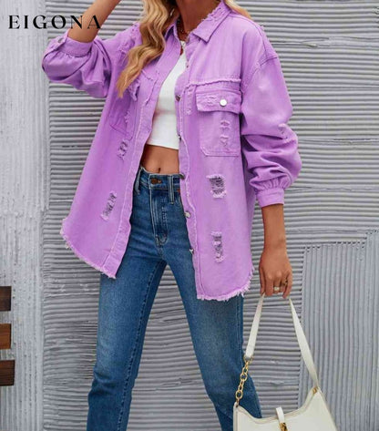 Distressed Raw Hem Denim Jacket Heliotrope Purple clothes LT&SB Ship From Overseas