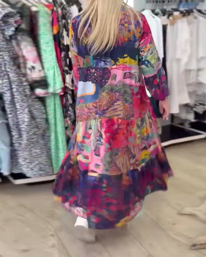 Swing-Kleid mit Trompetenärmeln und lockerem Print