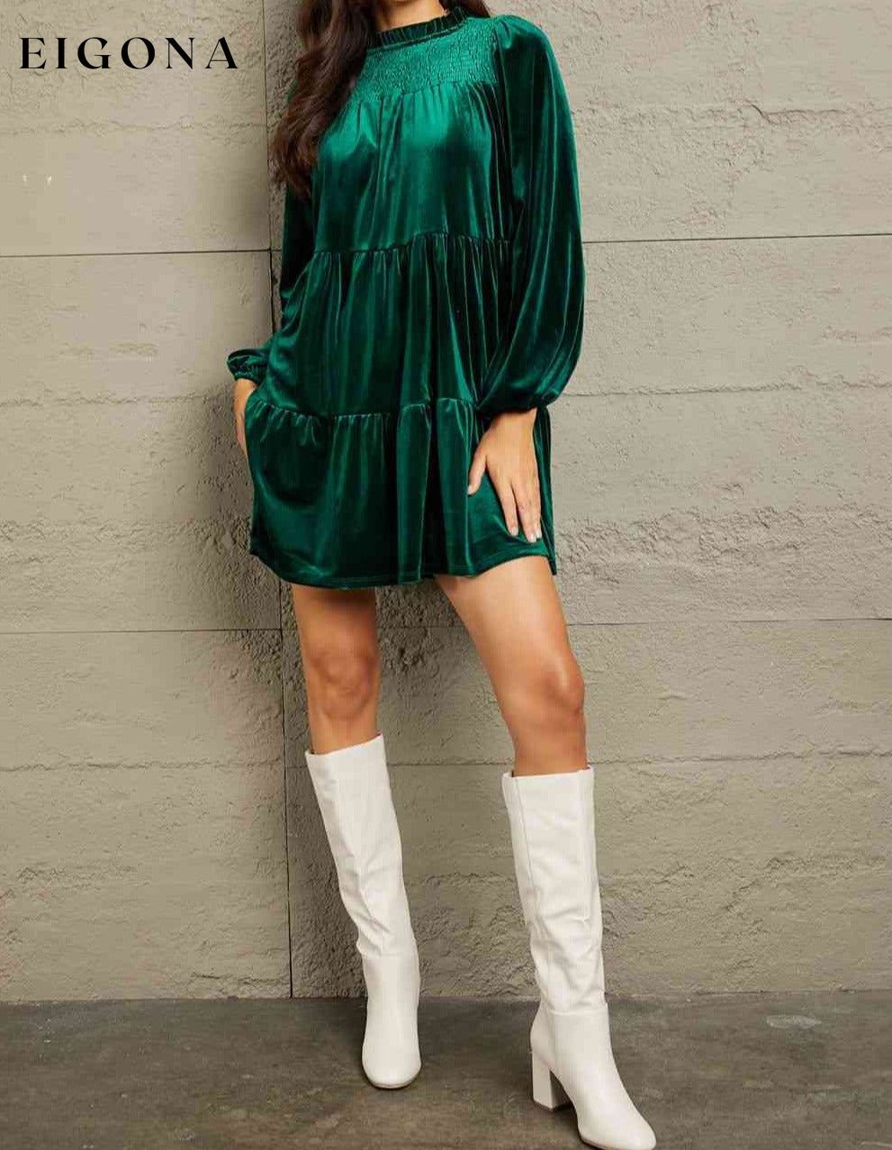 Full Size Velvet Short Casual Tiered Dress BFCM - Up to 70 Percent Off Black Friday casual dresses clothes dresses GeeGee Green dress green dresses long dress long sleeve long sleeve dresses Ship from USA short dresses