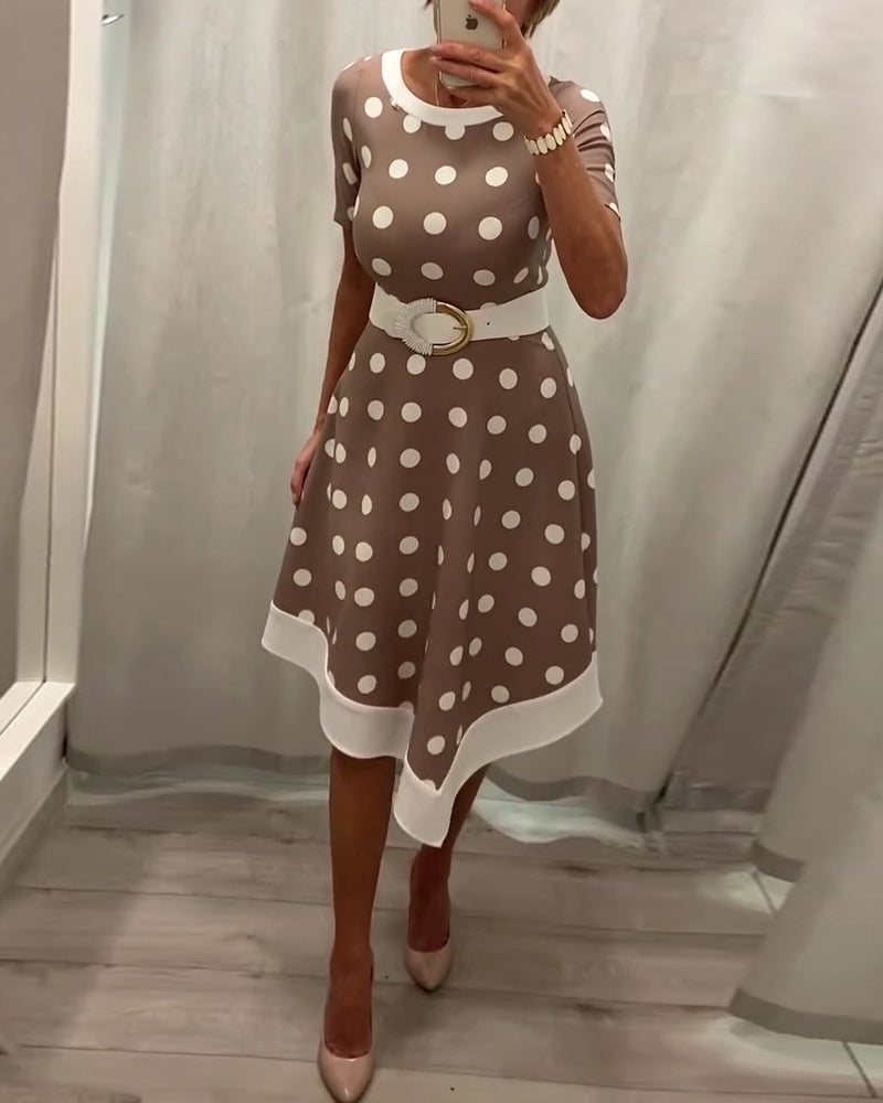 Elegant polka dot print round neck A-line dress casual dresses spring summer