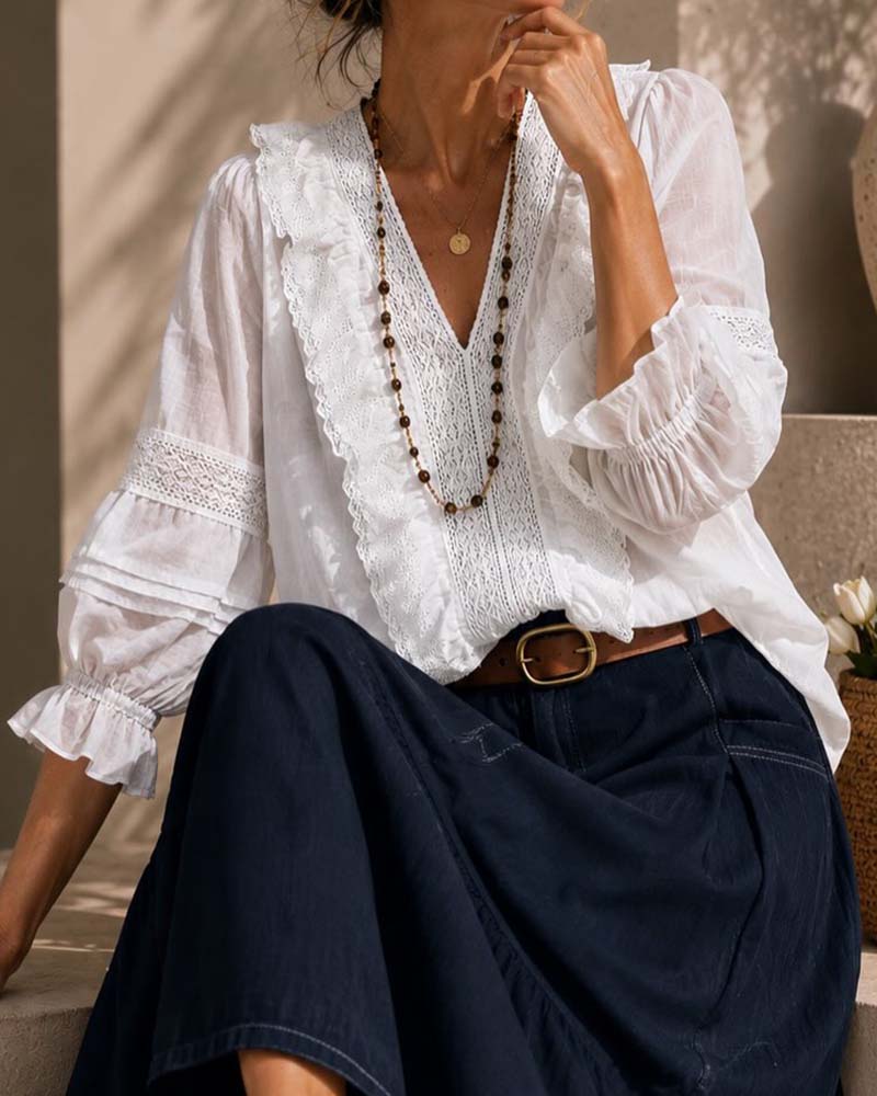 V-Neck Solid Color Lace Blouse blouses & shirts spring summer