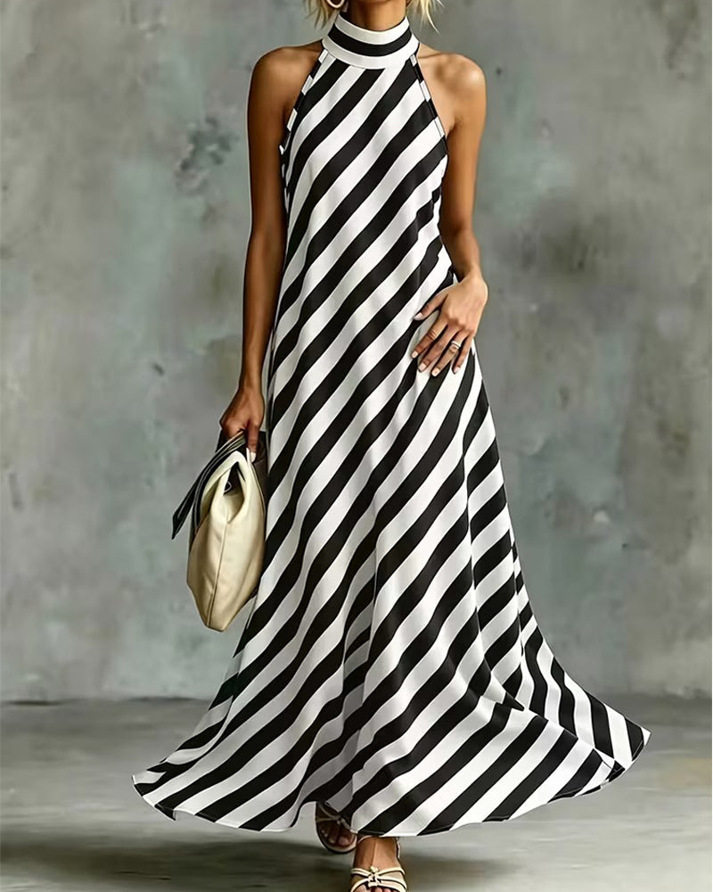 Sleeveless Mock Neck Striped Dress