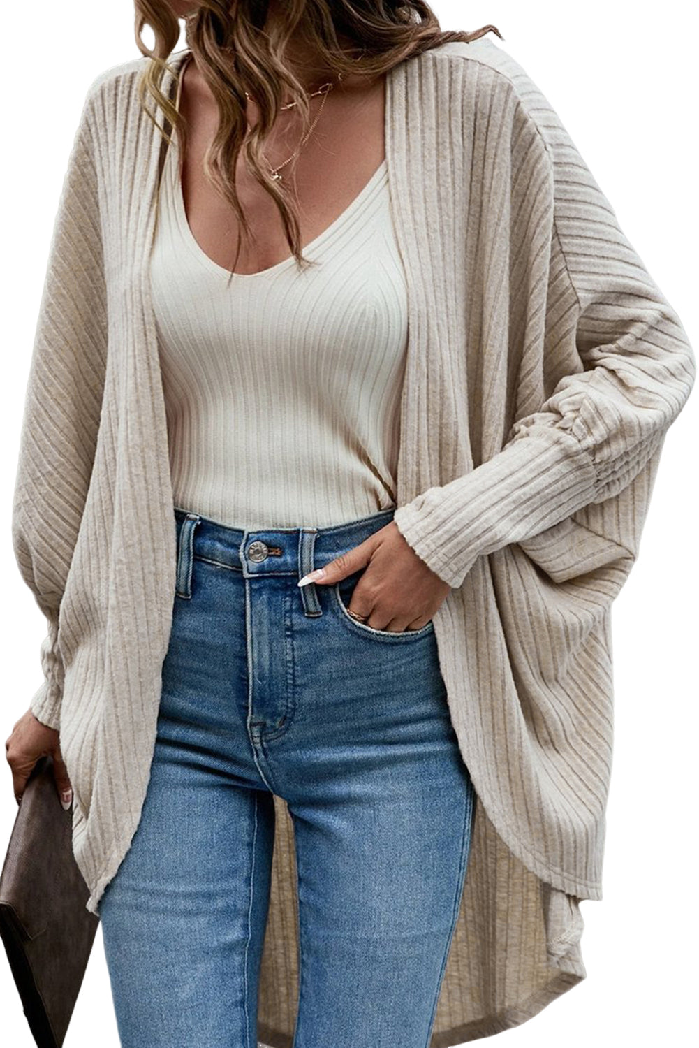 Parchment Bat Sleeve Wide Ribbed Knit Cardigan All In Stock cardigan cardigans clothes Fabric Ribbed Occasion Daily Print Solid Color Season Fall & Autumn Style Casual Style Modern sweater sweaters