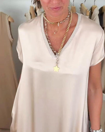 Casual solid color V-neck pocket dress