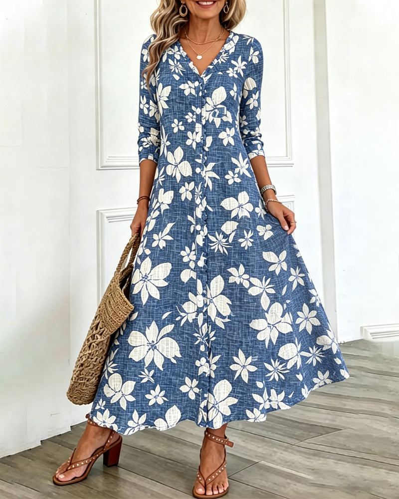 V-Neck Floral Shirt Dress