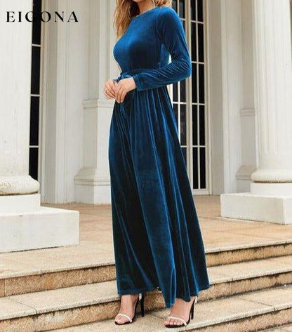 Tie Front Round Neck Long Sleeve Maxi Dress Peacock Blue A@Y@Y clothes Ship From Overseas