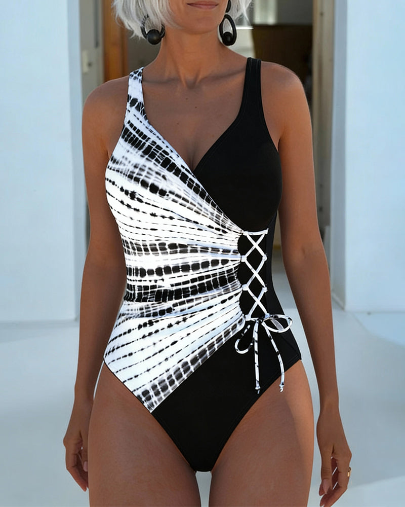 Color-Blocked Polka Dot One-Piece Swimsuit