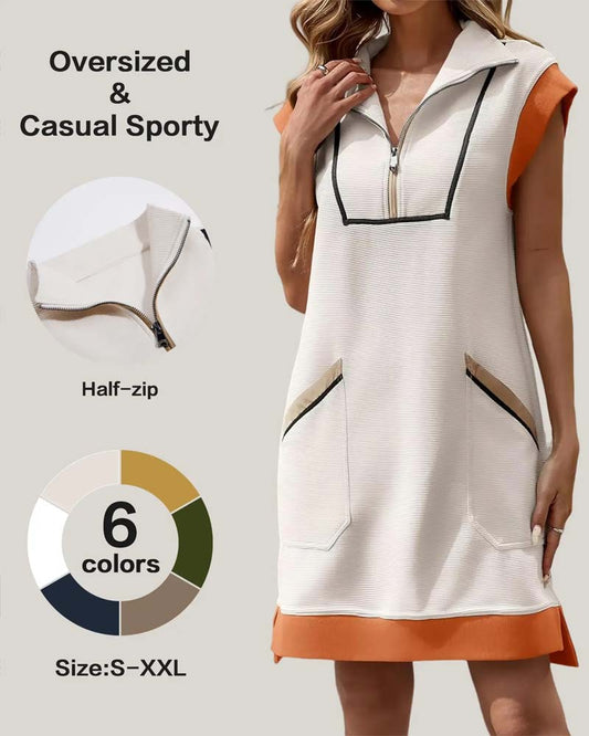Half-Zip Sleeveless Colorblock Sweatshirt Dresses