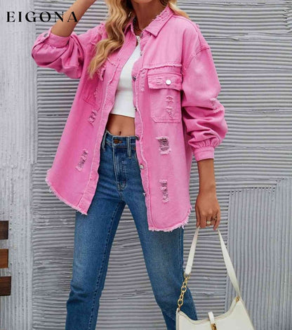 Distressed Raw Hem Denim Jacket Carnation Pink clothes LT&SB Ship From Overseas