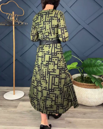 V-neck printed fitted dress 2024 f/w casual dresses