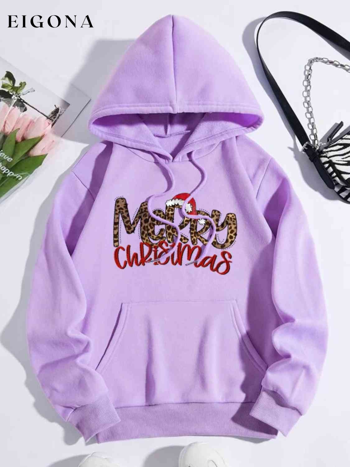 MERRY CHRISTMAS Graphic Drawstring Hoodie Lavender Christmas christmas sweater clothes E@M@E Ship From Overseas