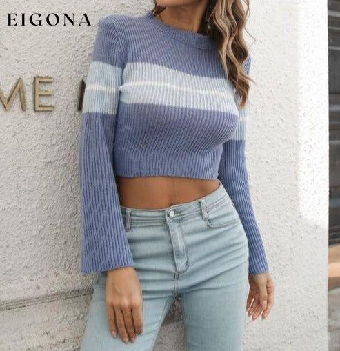 Ribbed Color Block Round Neck Cropped Sweater B&S clothes Ship From Overseas