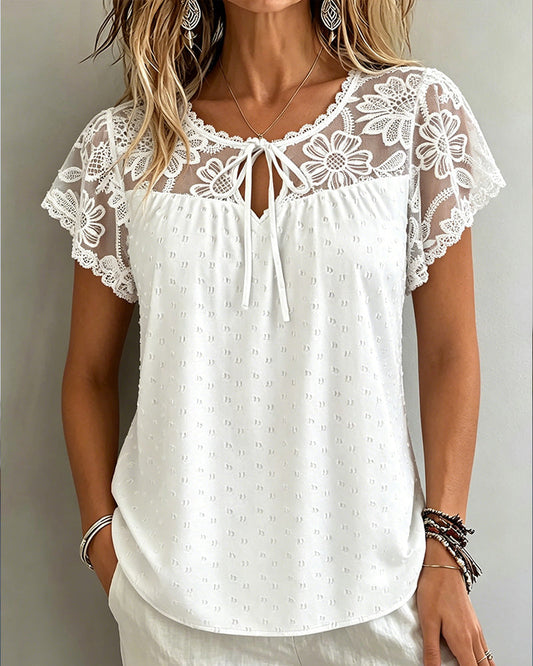 Lace Mesh Cutout Short-Sleeve Blouse blouses & shirts spring summer