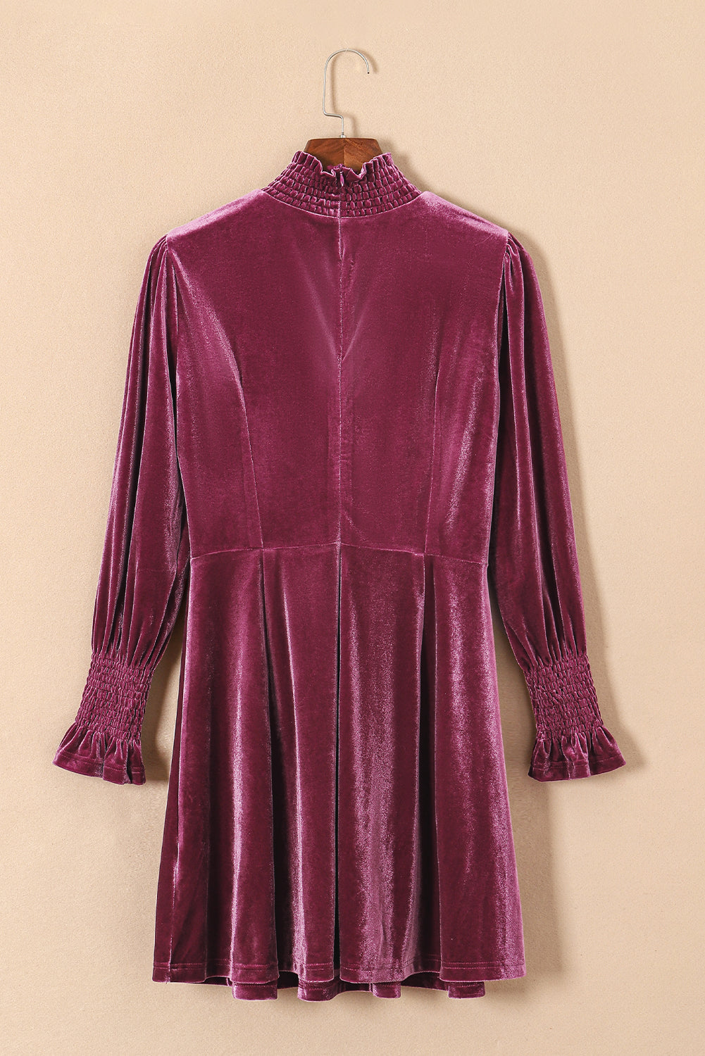 Burgundy Long Sleeve Dress, Smocked High Neck Flounce Sleeve Velvet Dress All In Stock casual dresses clothes Color Pink Day Valentine's Day dress dresses EDM Monthly Recomend Fabric Velvet long sleeve dress long sleeve dresses Occasion Daily Print Solid Color Season Winter short dresses Silhouette A-Line Style Southern Belle