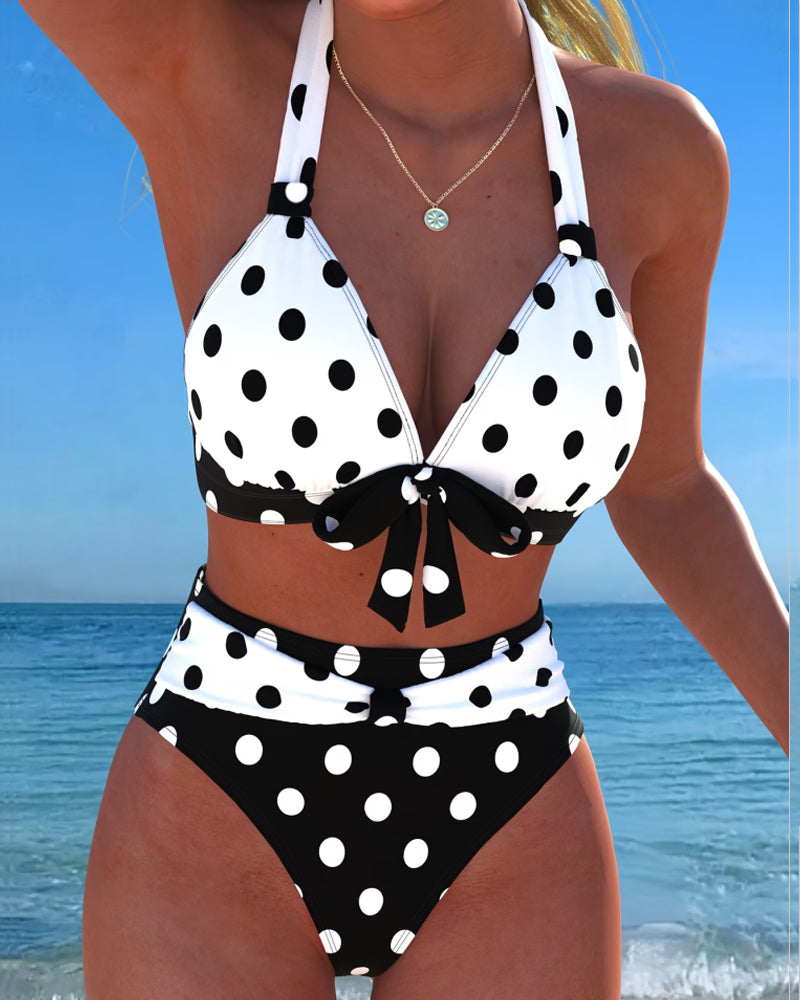 Polka Dot Bow Halter Neck Two-Piece Swimsuit