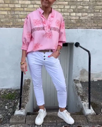 Lace Long-Sleeved Printed Blouse