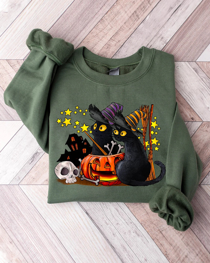 Casual Pumpkin Cat Print Crewneck Sweatshirt 2024 f/w halloween spring sweatshirts