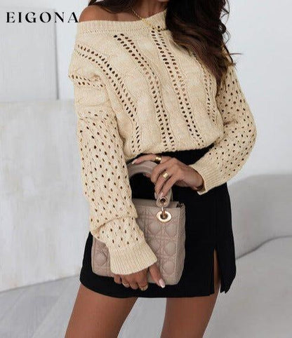 Full Size Openwork Cable-Knit Round Neck Knit Top Beige clothes long sleeve shirt long sleeve shirts long sleeve top long sleeve tops Ship From Overseas shirt shirts SYNZ top tops