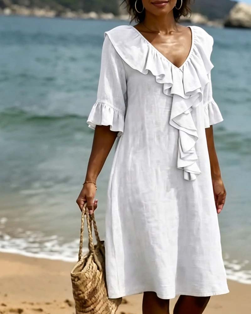V-Neck Ruffle Shift Dress