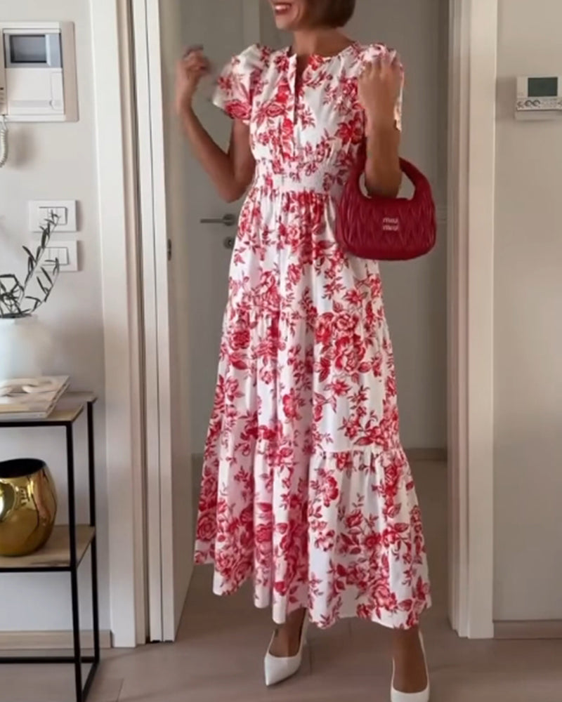 Elegant floral print patchwork waist dress 202466 casual dresses summer