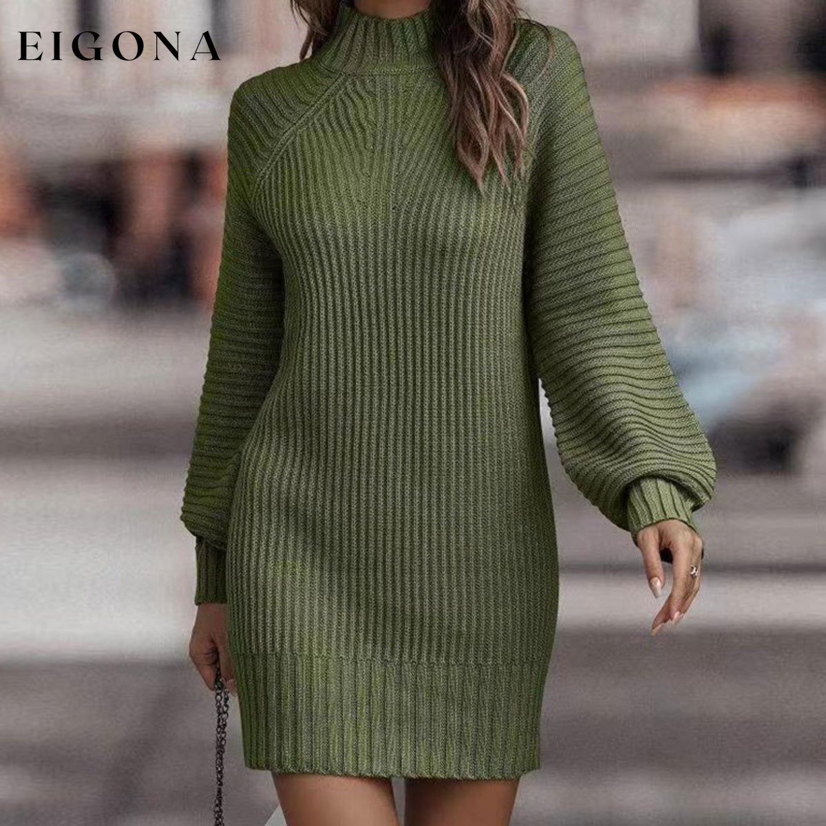 Mock Neck Lantern Sleeve Sweater Dress casual dresses clothes dress dresses Ship From Overseas Shipping Delay 09/29/2023 - 10/04/2023 sweater dress Y@Y@D@Y