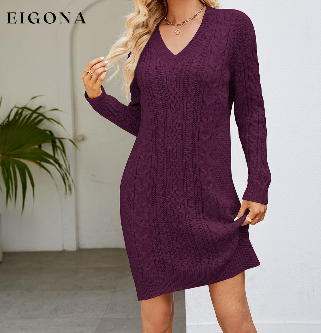 Cable-Knit V-Neck Mini Sweater Dress Wine casual dresses clothes Ship From Overseas Yh
