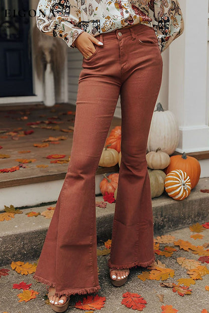 High Waist Raw Hem Flare Jeans All In Stock Best Sellers bottoms clothes Color Orange Day Halloween Fabric Denim high waisted pants Occasion Daily Print Solid Color Season Fall & Autumn Silhouette Flare Style Western