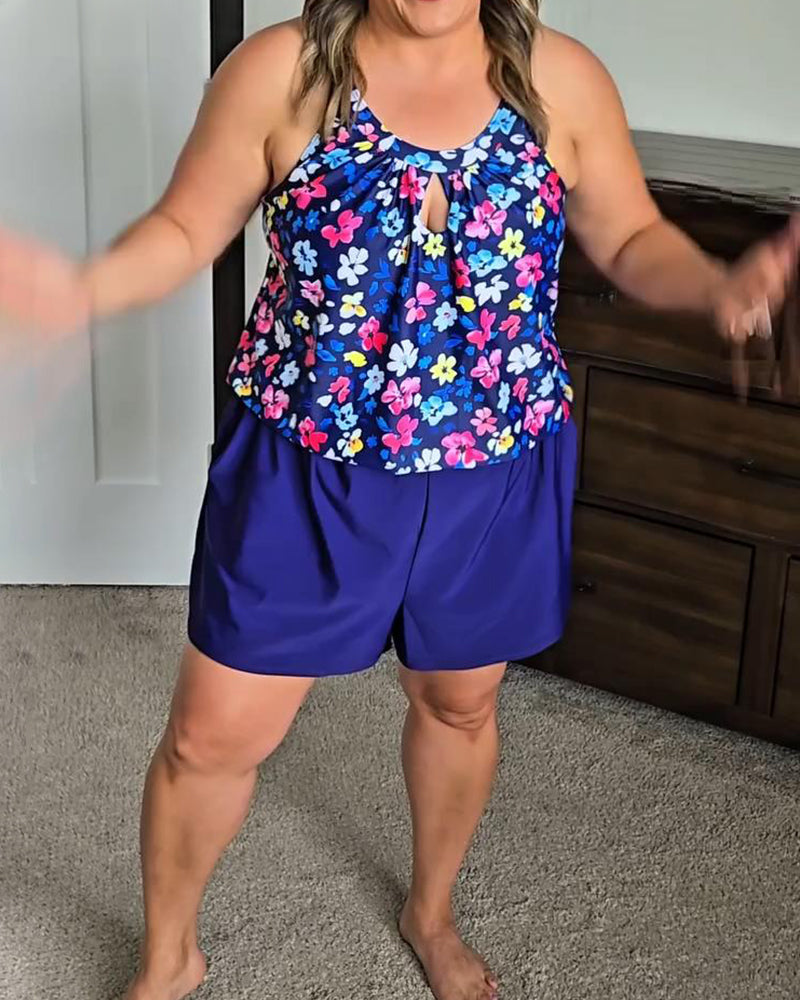 Vest-Style Printed Split Flat-Angle Tankini