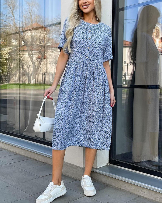 Mid-sleeve button floral dress casual dresses summer