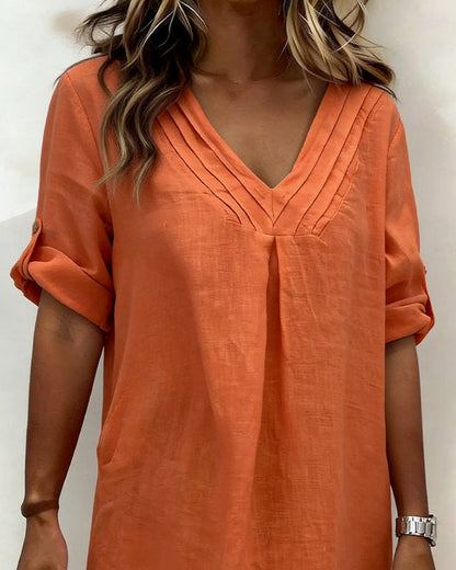 V-Neck Pleated Cotton-Linen Dress