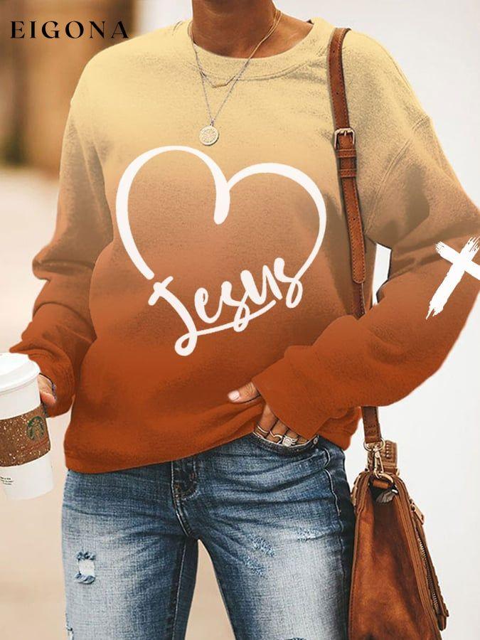 Women's JESUS Heart-shaped Cross Print Sweatshirt