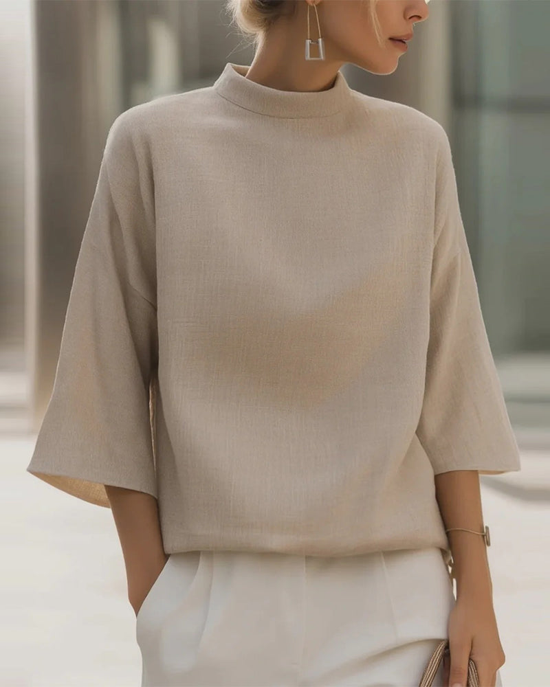 Stand Collar Three-Quarter Sleeve Solid Blouse