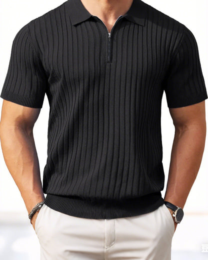Men's Zipper Short Sleeve Ribbed Knit Polo T Shirts Golf Shirts
