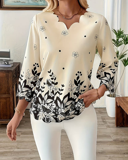 V-Neck Three-Quarter Sleeve Irregular Blouse