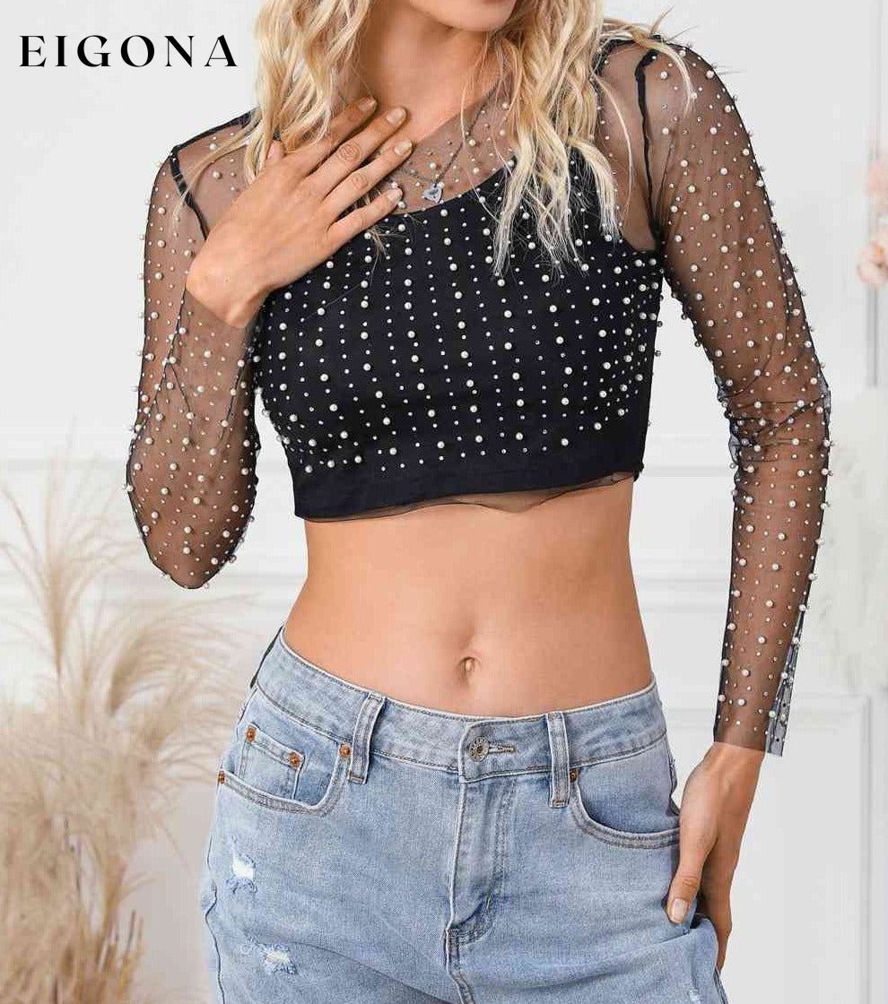 Pearl Long Sleeve Mesh Cropped Top clothes crop top crop tops cropped croptop long sleeve shirt long sleeve shirts long sleeve top Ship From Overseas shirt shirts SYNZ top tops