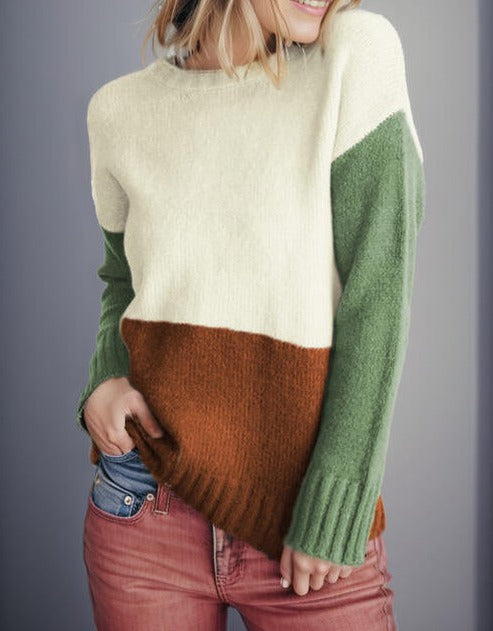 Color Block Round Neck Long Sleeve Sweater Gum Leaf clothes Ship From Overseas SYNZ