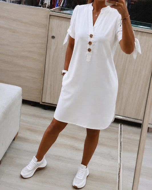 V-Neck Lace-Up Button Dress