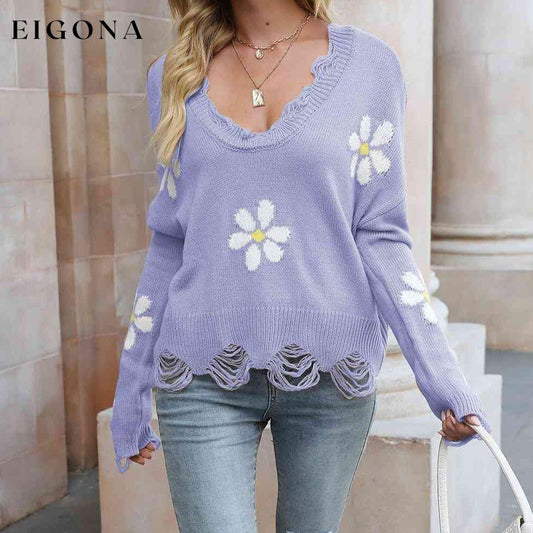 Flower Distressed Long Sleeve Sweater Lavender clothes Ship From Overseas X.X.W