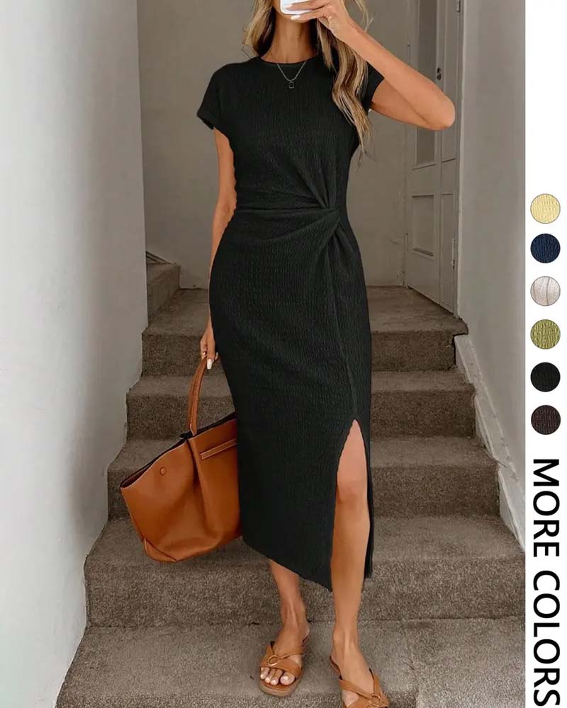 Twist-Knot Cinched Waist Side-Slit Dress