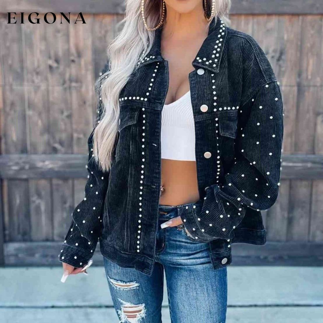 Studded Collared Neck Button Down Jacket C@X@Y clothes Jackets & Coats Ship From Overseas