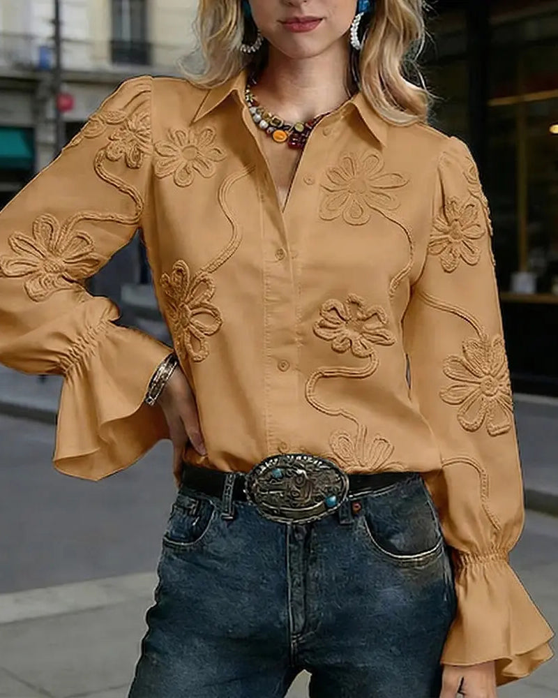 Flower Flare Sleeve Mandarin Collar Shirt